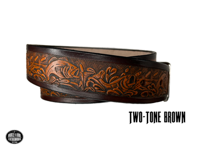 Full grain American vegetable tanned cowhide approx. 1/8"thick. Width 1 1/2" and includes Antique Nickle plated Solid Brass buckle Hand Finished in 3 color options Smooth burnished painted edges