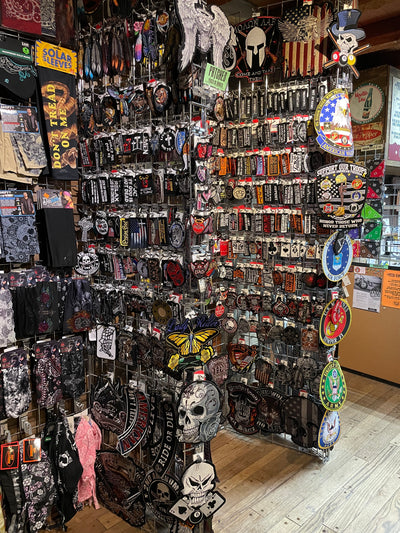 Our retail shop stocks approx. 500 styles of patches: including Military, 2nd Amendment, Large Center patches, Sayings, Ladies, Skulls, Native American, and many more! Some patches pictured MAY NOT be available due to our selection will change throughout the year because vendors continually come out with NEW patches. We try to keep our selection current! These items are in stock in our shop but not for online purchase.