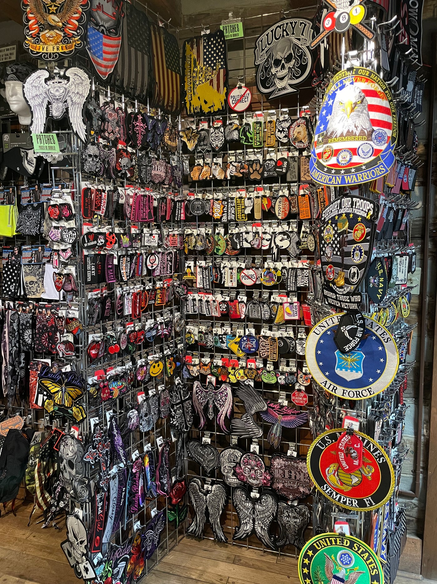 Our retail shop stocks approx. 500 styles of patches: including Military, 2nd Amendment, Large Center patches, Sayings, Ladies, Skulls, Native American, and many more! Some patches pictured MAY NOT be available due to our selection will change throughout the year because vendors continually come out with NEW patches. We try to keep our selection current! These items are in stock in our shop but not for online purchase.