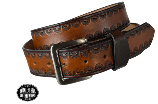 "The Jackson" handmade all leather belt is made from a single strip of Veg-tan cowhide or drum dyed (colored all the way through) Black cowhide shoulder leather.  The Two tone brown is a hand finished Veg-tan that is 9-10 oz., or approx. 1/8" thick.  The width is 1 1/2".   The antique nickel plated solid brass buckle is snapped in place. This belt is made just outside Nashville in Smyrna, TN. Perfect for casual and dress wear, it can be for personal use or for groomsman gifts or other gifts as well. 