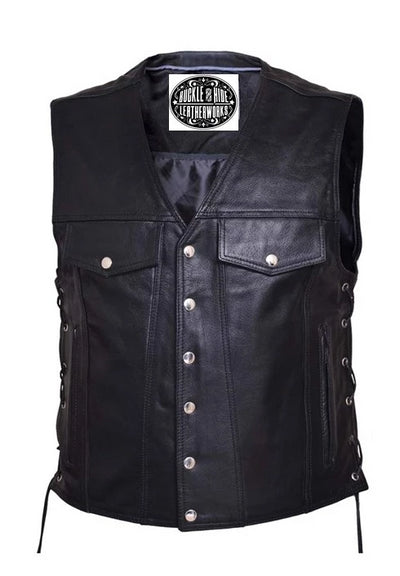 Jean pocket black leather vest is made from premium buffalo hide leather. It has four exterior front pockets and two inside conceal carry pockets. It has a solid panel back and laces up the sides. Available for purchase in our shop in Smyrna, TN, just outside Nashville and comes in sizes small through 5xl.