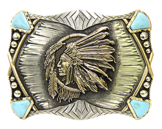 The Jefe Indio Indian Chief buckle has a rectangle shape southwest design a centered by a feathered head dressed Chief framed by synthetic stones on each corner. In order to give you the quality and long lasting final product we also plate each piece with copper, nickel and silver through electromagnetic processes. Finally each piece is covered with a heat sealed lacquer to ensure the piece's long lasting qualities.
Width Width 4” Height 3” and is available in our Smyrna, TN shop.