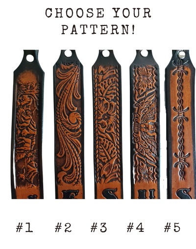 Read carefully... 1) Choose your Motif! 2) Add your SINGLE INITIAL in the "TYPE NAME HERE box 3) You may choose from our other Belt PATTERNS from most any Belt just type BELT NAME in the COMMENT BOX on the way to checkout, Choose "Other #6". Measures...approx. 1" x 7"