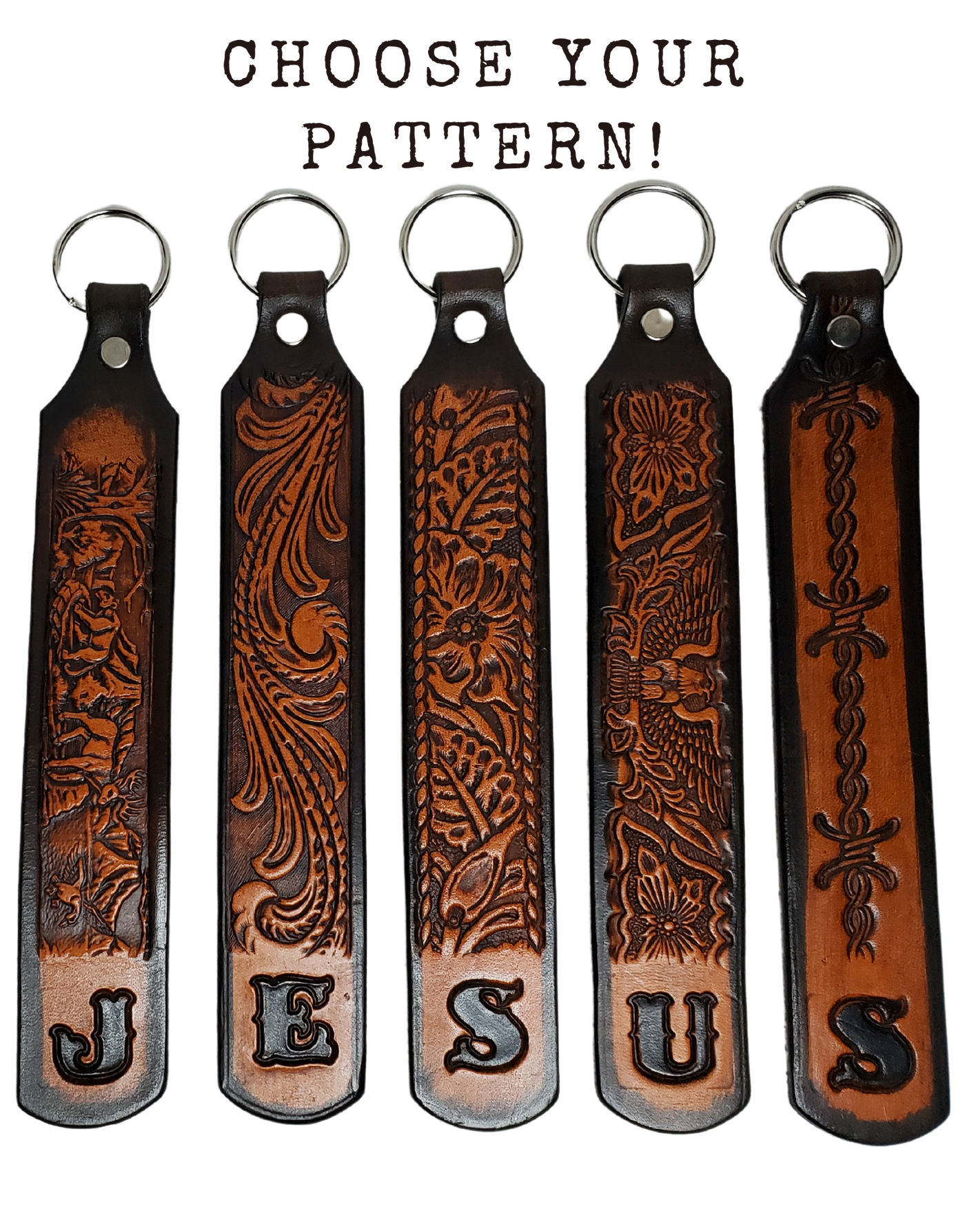 Our Customizable "1975" Longer Leather keychain embossed similar to our popular belts.  Great for identifying luggage, backpacks, or your keys! Available in the below choices All colored in our popular 2 TONE BROWN, pick one or a few. Made in our Smyrna, TN shop. Please type desired name in CUSTOM box.   Measures...approx. 1" x 7"