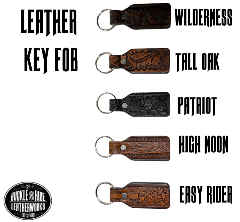 Small Leather keychain embossed just like our popular belts.  Great for identifying luggage, backpacks, or you keys! Available in the below choices, pick one or a few. Made in our Smyrna Tn. shop.