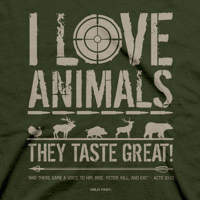 Get in the hunt with this HOLD FAST® Men’s Christian T-Shirt in City Green. Killing animals is controversial in our modern culture, but properly seen against Scripture, we learn that God provided meat for us as a way to feed our families. We are designed to be carnivores, and to eat tasty animals to live. Limited sizes remain, only one left for sizes S, L, & 3X. Available online and in our retail shop in Smyrna, TN.