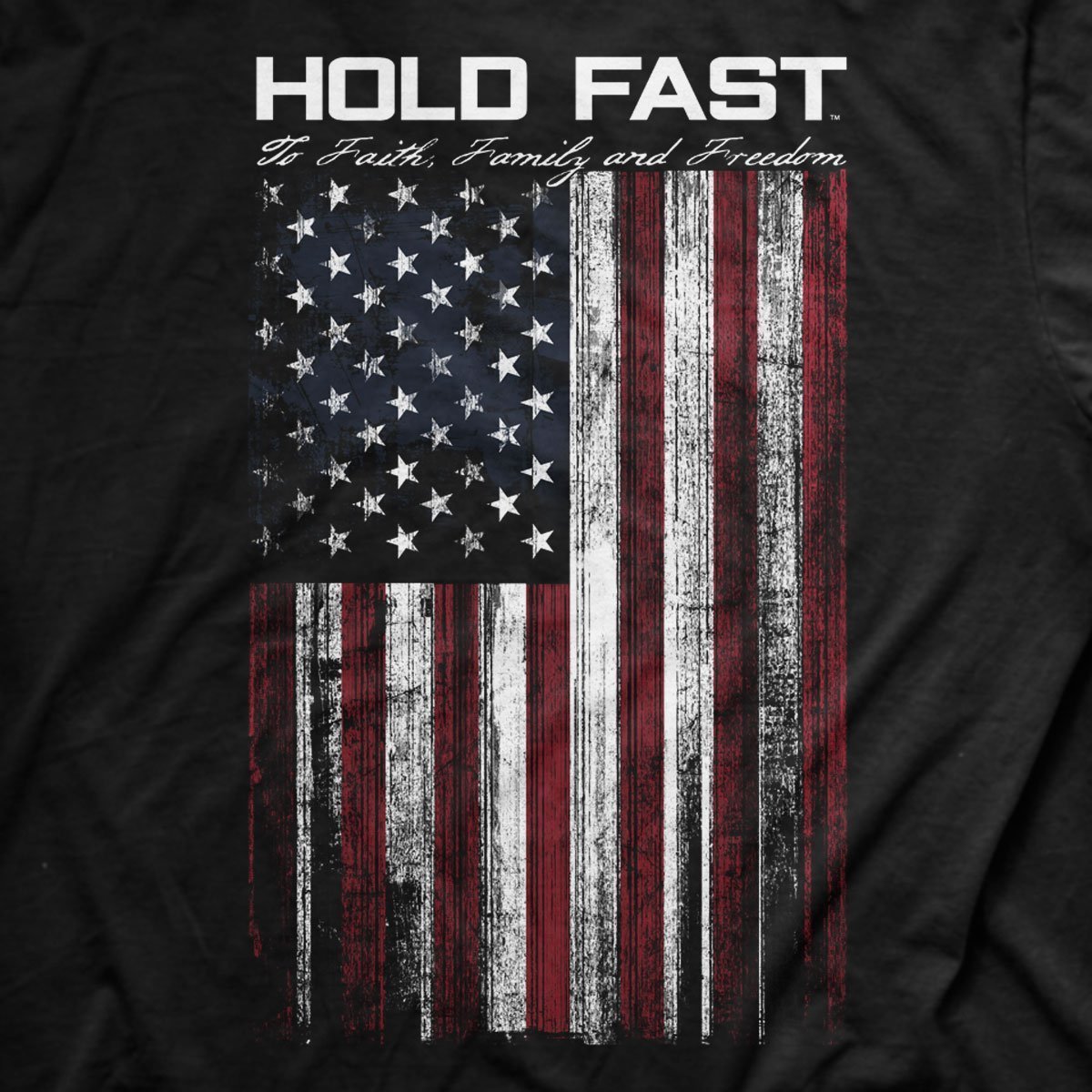 Hold fast to your faith in God and the enduring strength of our great nation in this very soft “Flag” T-Shirt by Hold Fast™ in Black. Hold fast to faith, family, and freedom. We can celebrate these things because of the sacrifice of those who serve in the United States Armed Forces, and ultimately because of the sacrifice of our Lord and Savior, Jesus Christ. Available online and in our retail shop in Smyrna, TN.
