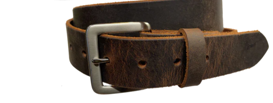 Our Kids/Youth Belt is available as a Combo or as just buy one! It's a great choice who just needs a simple belt for school or if you have you r own buckle already. We use the same Full grain Distressed Brown Water Buffalo or Black cowhide leather as our adult version. The width is 1 1/4" and the buckle snaps in place for easy changing if desired. Choose a Black or Distressed Brown Leather belt for the Combo. Made in our Smyrna, TN, USA shop.  NO names on this belt.    