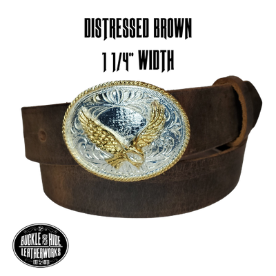 Our Kids/Youth Belt Combo is a great choice who's wants to be like dad or mom! Full grain Distressed Brown Water Buffalo or Black cowhide leather that is approx. 1/8"thick. The width is 1 1/4" and this Combo includes a Western styled Nickle plated oval shaped buckle with a Flying Eagle completed with a rope edge.  Included 2" x 2 1/2" sized Buckle snaps in place for easy changing if desired. Choose a Black or Distressed Brown Leather belt for the Combo. Made in our Smyrna, TN, USA shop.       