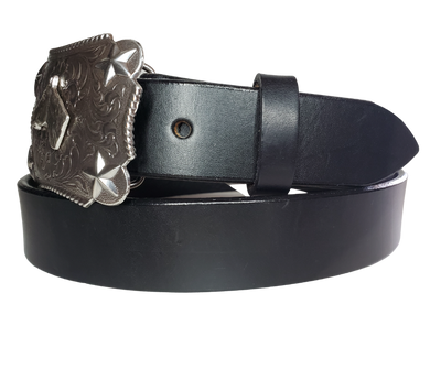Our Kids/Youth Belt Combo is a great choice who's wants to be like dad or mom! Belt leather that is approx. 1/8"thick. The width is 1 1/4" and this Combo includes a 2" x 2 1/2" sized Western styled Nickle plated Rectangle shaped buckle with a Horsehead framed with Stars completed with a rope edge. Buckle snaps in place for easy changing if desired. Choose a Black or Distressed Brown Leather belt for the Combo. Made in our Smyrna, TN, USA shop. NO names on this belt.           