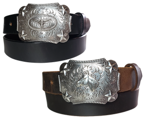 Our Kids/Youth Belt Combo is a great choice who's wants to be like dad or mom! Belt leather that is approx. 1/8"thick. The width is 1 1/4" and this Combo includes a 2" x 2 1/2" sized Western styled Nickle plated Rectangle shaped buckle with a Horsehead framed with Stars completed with a rope edge. Buckle snaps in place for easy changing if desired. Choose a Black or Distressed Brown Leather belt for the Combo. Made in our Smyrna, TN, USA shop. NO names on this belt.           