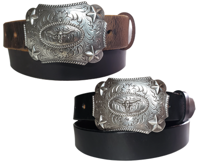 Our Kids/Youth Belt Combo is a great choice who's wants to be like dad or mom! Belt leather that is approx. 1/8"thick. The width is 1 1/4" and this Combo includes a 2" x 2 1/2" sized Western styled Nickle plated Rectangle shaped buckle with a Longhorn framed with Stars completed with a rope edge. Buckle snaps in place for easy changing if desired. Choose a Black or Distressed Brown Leather belt for the Combo. Made in our Smyrna, TN, USA shop. NO names on this belt. 