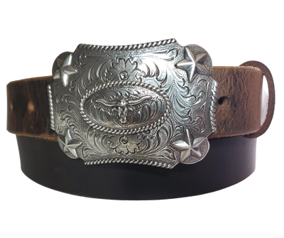 Our Kids/Youth Belt Combo is a great choice who's wants to be like dad or mom! Belt leather that is approx. 1/8"thick. The width is 1 1/4" and this Combo includes a 2" x 2 1/2" sized Western styled Nickle plated Rectangle shaped buckle with a Longhorn framed with Stars completed with a rope edge. Buckle snaps in place for easy changing if desired. Choose a Black or Distressed Brown Leather belt for the Combo. Made in our Smyrna, TN, USA shop. NO names on this belt. 