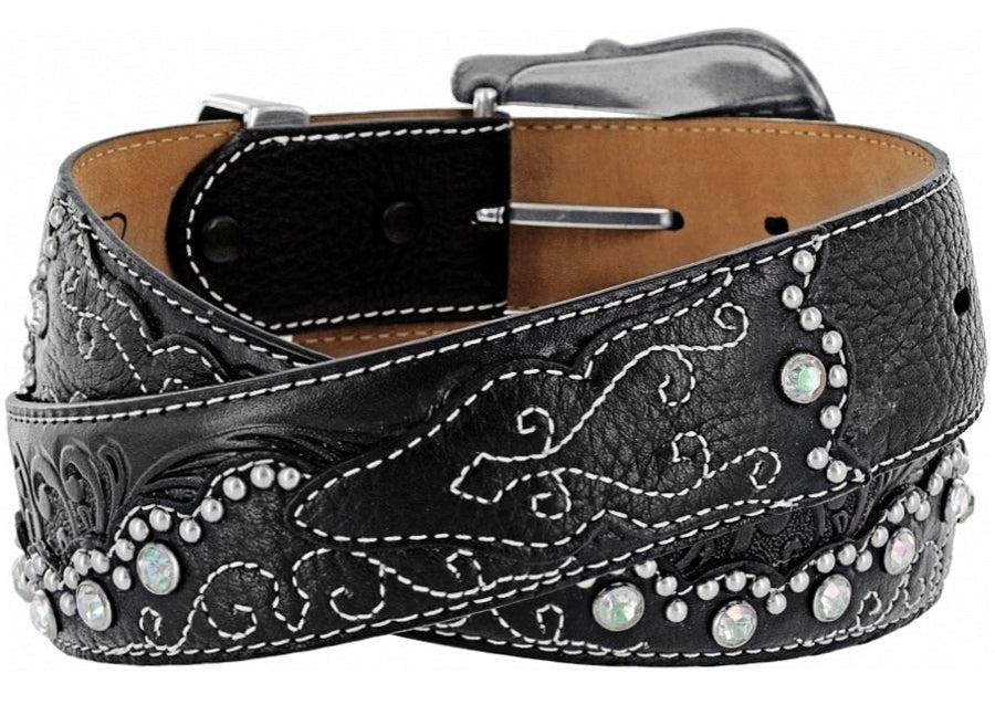 Your name doesn't have to be Kaitlyn to BLING out! The ornate 3 piece buckle is the perfect match for the western tooling, stitching and the BLING! It's 1 1/2" wide and embossed with a western style that you would find on your night out. The leather is a combination floral-tooled inlay, Swarovski crystal accents, nailhead details, beautiful tones of color. Sizing 34" to 42". It's made by Brighton for Tony Lama and is available in our Smyrna, TN shop.