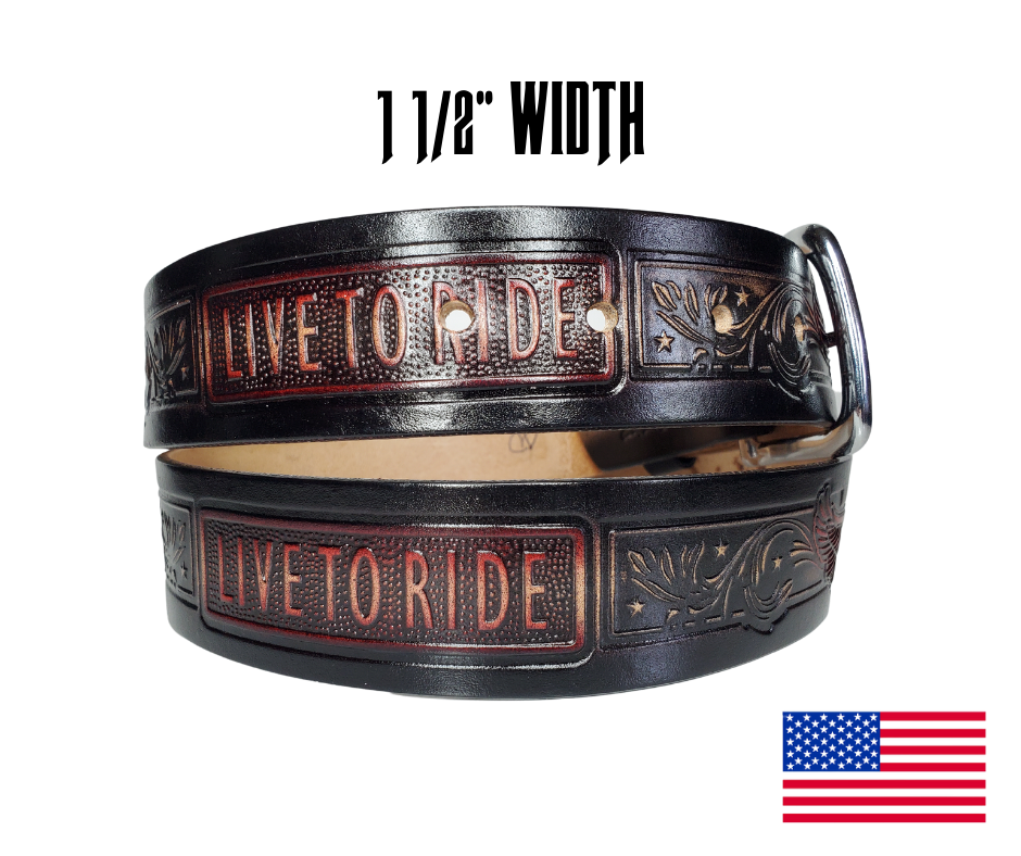 This USA made veg-tan leather belt is approx. 1/8" thick, 1 1/2"width with no fillers to split or rip apart. The belt features Eagles with block style LIVE TO RIDE pattern around the entire belt in black and red. The leather is comfortable from day one   Buckle is snapped on for easy buckle change. Colors may vary do to the manufacturing process. We don't make this belt but it's Buckle and Hide approved and still made in the USA. There is not a NAME option on this belt.