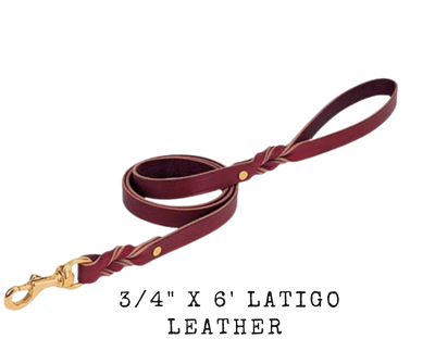 Constructed of single-ply burgundy latigo leather with a Twist! This leash features the styling trainers prefer with its twisted accents at the snap and handle ends. Includes solid brass swivel snap and brass plated rivets. Measures 3/4" x 6'. Available at our Smyrna, TN shop just outside Nashville.    