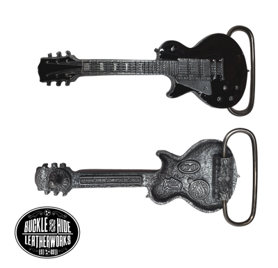 This solid body electric guitar that was first sold in 1952.  Either your a Strat guy or a Les Paul guy. The guitar was designed by factory manager John Huis and his team with input from and endorsement by guitarist Les Paul. This pewter belt buckle that may be attached to your belt.  Fits 1 1/2" belts, Size 3-1/2" x 2-3/4. Available in our shop just outside Nashville in Smyrna, TN. Available only for left handed styles.