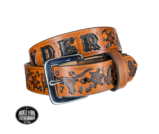 Full grain American vegetable tanned cowhide approx. 1/8"thick. Width 1 1/4" and includes Antique Nickle plated Solid Brass buckle Hand Finished Smooth burnished painted edges Choose with or without name, if without name, design will cover entire length of belt For name Type name desired on belt in "Type Name Here" section, no more than 8 letters maximum Buckle snaps in place for easy changing if desired Made in our Smyrna, TN, USA shop.