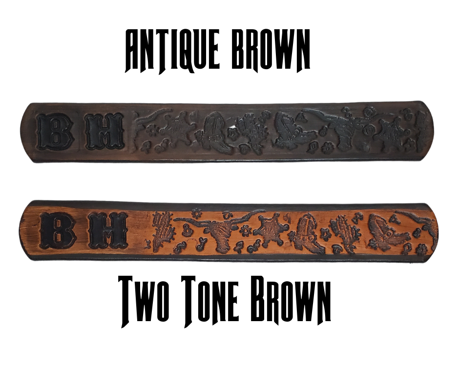 Full grain American vegetable tanned cowhide approx. 1/8"thick. Width 1 1/4" and includes Antique Nickle plated Solid Brass buckle Hand Finished Smooth burnished painted edges Choose with or without name, if without name, design will cover entire length of belt For name Type name desired on belt in "Type Name Here" section, no more than 8 letters maximum Buckle snaps in place for easy changing if desired Made in our Smyrna, TN, USA shop.