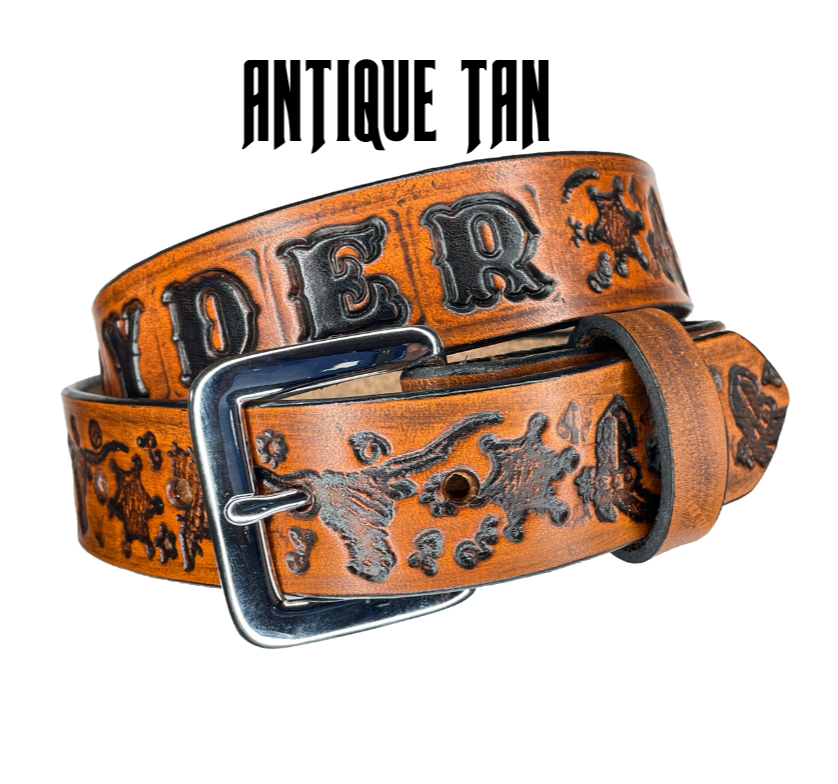 Full grain American vegetable tanned cowhide approx. 1/8"thick. Width 1 1/4" and includes Antique Nickle plated Solid Brass buckle Hand Finished Smooth burnished painted edges Choose with or without name, if without name, design will cover entire length of belt For name Type name desired on belt in "Type Name Here" section, no more than 8 letters maximum Buckle snaps in place for easy changing if desired Made in our Smyrna, TN, USA shop.