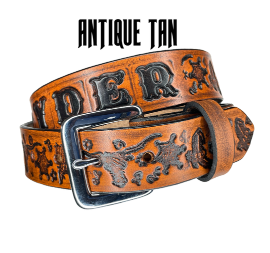 Full grain American vegetable tanned cowhide approx. 1/8"thick. Width 1 1/4" and includes Antique Nickle plated Solid Brass buckle Hand Finished Smooth burnished painted edges Choose with or without name, if without name, design will cover entire length of belt For name Type name desired on belt in "Type Name Here" section, no more than 8 letters maximum Buckle snaps in place for easy changing if desired Made in our Smyrna, TN, USA shop.