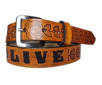 Our "Rose" is just like the Heirloom Rose' for dad or mom. Full grain American vegetable tanned cowhide approx. 1/8"thick. Width is 1 1/4" and includes Antique Nickle plated Solid Brass buckle. We Hand Finish with each belt. Edges are smooth burnished painted edges. Made in our Smyrna, TN, USA shop. Buckle snaps in place for easy changing if desired.  Choose with or without name, if without name, 