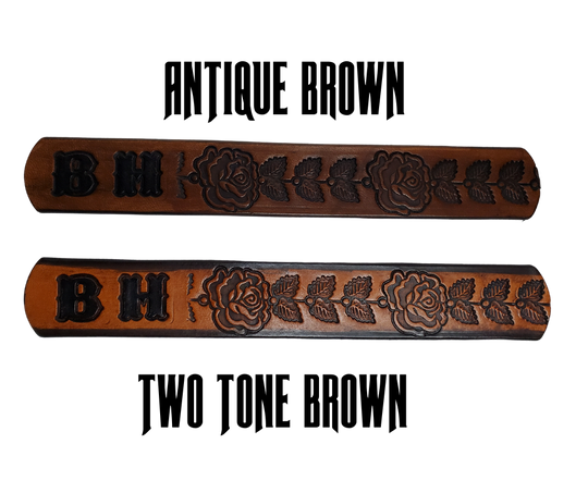 Our "Rose" is just like the Heirloom Rose' for dad or mom. Full grain American vegetable tanned cowhide approx. 1/8"thick. Width is 1 1/4" and includes Antique Nickle plated Solid Brass buckle. We Hand Finish with each belt. Edges are smooth burnished painted edges. Made in our Smyrna, TN, USA shop. Buckle snaps in place for easy changing if desired.  Choose with or without name, if without name, 