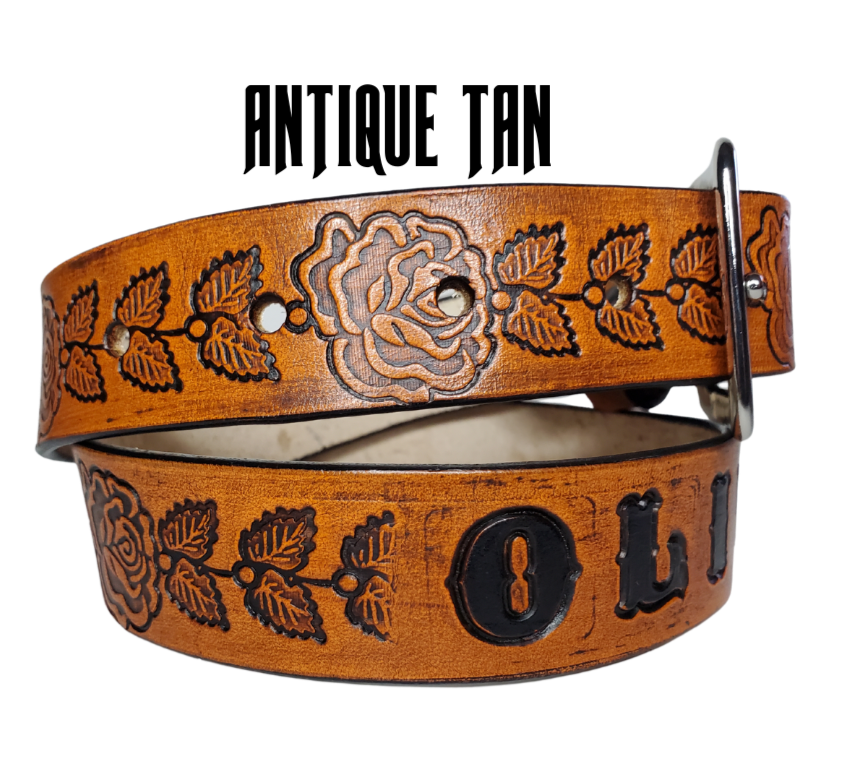 Our "Rose" is just like the Heirloom Rose' for dad or mom. Full grain American vegetable tanned cowhide approx. 1/8"thick. Width is 1 1/4" and includes Antique Nickle plated Solid Brass buckle. We Hand Finish with each belt. Edges are smooth burnished painted edges. Made in our Smyrna, TN, USA shop. Buckle snaps in place for easy changing if desired.  Choose with or without name, if without name, 