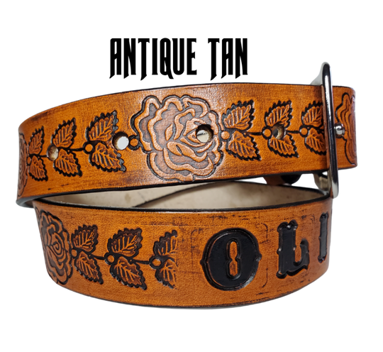 Our "Rose" is just like the Heirloom Rose' for dad or mom. Full grain American vegetable tanned cowhide approx. 1/8"thick. Width is 1 1/4" and includes Antique Nickle plated Solid Brass buckle. We Hand Finish with each belt. Edges are smooth burnished painted edges. Made in our Smyrna, TN, USA shop. Buckle snaps in place for easy changing if desired.  Choose with or without name, if without name, 