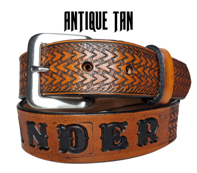 Our "Lil Wayfarer" is just like the Wayfarer' for dad or mom. Full grain American vegetable tanned cowhide approx. 1/8"thick. Width is 1 1/4" and includes Antique Nickle plated Solid Brass buckle. We Hand Finish with each belt. Edges are smooth burnished painted edges. Made in our Smyrna, TN, USA shop. Buckle snaps in place for easy changing if desired.  Choose with or without name