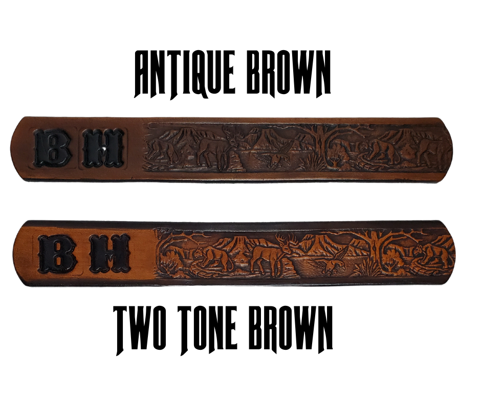Perfect for the LIL Outdoors type the Wilderness scene embossed on veg tanned cowhide belt, about 1/8" thick, 1 1/4" width, burnished painted edges. The buckle easily snaps into place, allowing for easy changing when desired. Handcrafted with care in our Smyrna, TN shop, our Lil' Wilderness belt guarantees satisfaction. Follow our belt sizing instructions for a perfect fit    