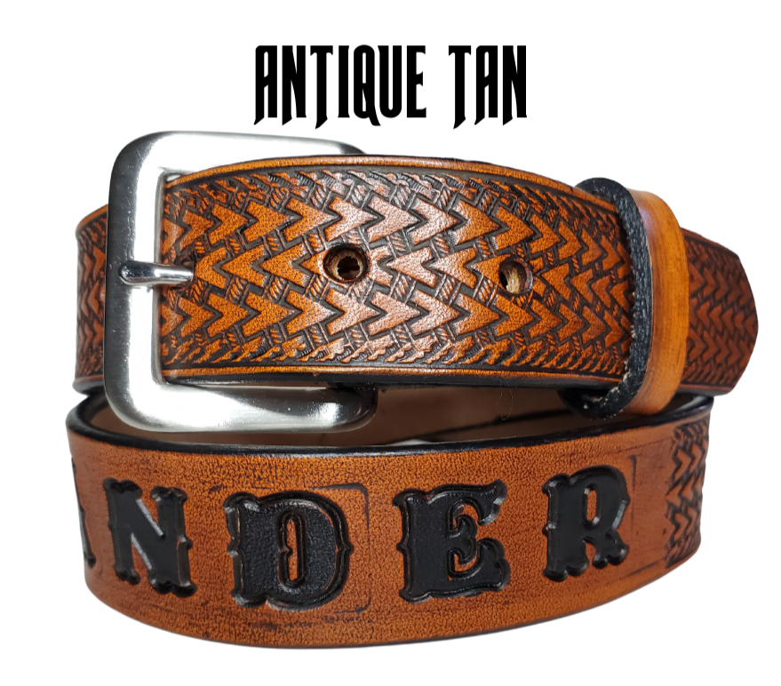 Our "Kid's Wayfarer" is just like the Wayfarer' for dad or mom. Full grain American vegetable tanned cowhide approx. 1/8"thick. Width is 1 1/4" and includes Antique Nickle plated Solid Brass buckle. We Hand Finish with each belt. Edges are smooth burnished painted edges. Made in our Smyrna, TN, USA shop. Buckle snaps in place for easy changing if desired.  Choose with or without name