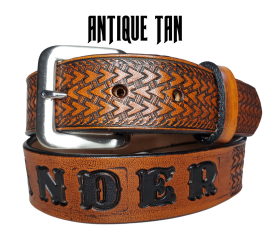 Our "Kid's Wayfarer" is just like the Wayfarer' for dad or mom. Full grain American vegetable tanned cowhide approx. 1/8"thick. Width is 1 1/4" and includes Antique Nickle plated Solid Brass buckle. We Hand Finish with each belt. Edges are smooth burnished painted edges. Made in our Smyrna, TN, USA shop. Buckle snaps in place for easy changing if desired.  Choose with or without name