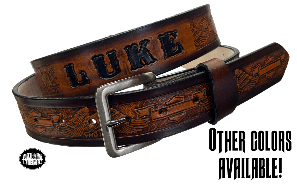 Full grain American vegetable tanned cowhide approx. 1/8"thick. Width 1 1/2" and includes Antique Nickle plated Solid Brass buckle Hand Finished in 3 color options Smooth burnished painted edges Choose with or without name, if without name, design will cover entire length of belt For name Type name desired on belt in "Type Name Here" section, no more than 8 letters maximum Buckle snaps in place for easy changing if desired Made in our Smyrna, TN, USA shop