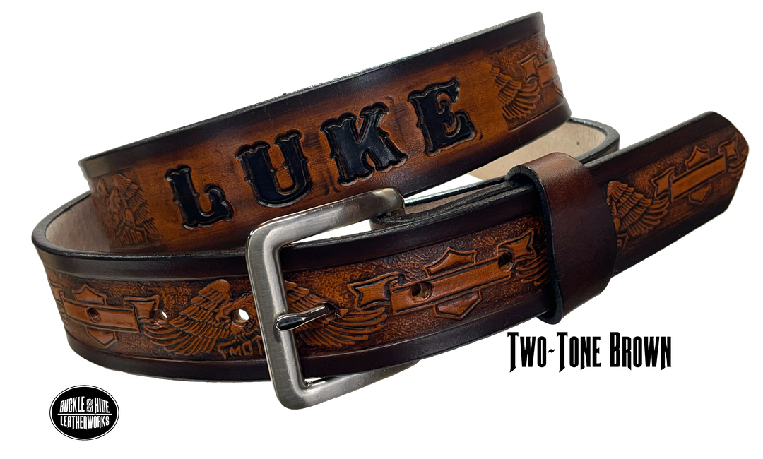 Full grain American vegetable tanned cowhide approx. 1/8"thick. Width 1 1/2" and includes Antique Nickle plated Solid Brass buckle Hand Finished in 3 color options Smooth burnished painted edges Choose with or without name, if without name, design will cover entire length of belt For name Type name desired on belt in "Type Name Here" section, no more than 8 letters maximum Buckle snaps in place for easy changing if desired Made in our Smyrna, TN, USA shop