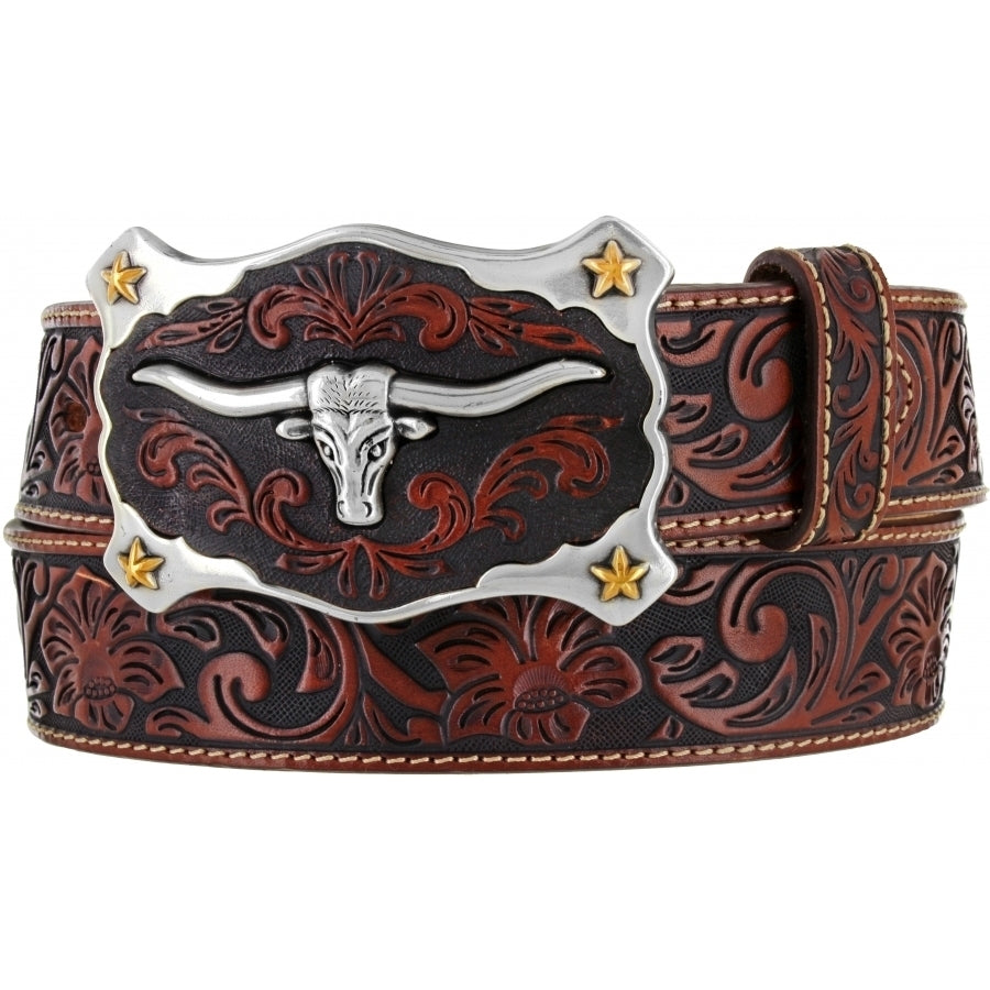 How the west was won isn't the question - it's how it's worn that matters. This tooled belt with iconic motifs and buckle leads the westward looks. Includes matching Leather buckle that can be changed with unsnapping. Belt is 1 1/2" wide in a two toned mahogany brown with contrasted white stitching along edges of the belt. Made in USA by Brighton for Justin. Available at our Smyrna, TN shop.    