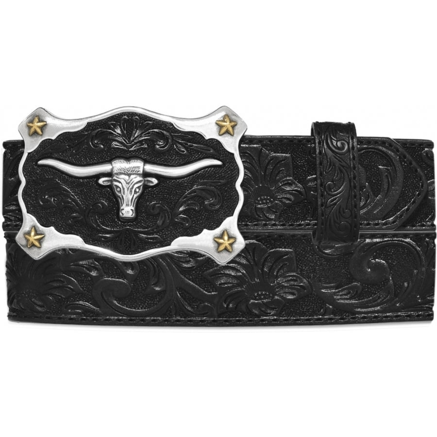 How the west was won isn't the question - it's how it's worn that matters. This tooled belt with iconic motifs and buckle leads the westward looks. Includes matching Leather buckle that can be changed with unsnapping. Belt is 1 1/2" wide in classic solid black with black stitching along edges of the belt. Made in USA by Brighton for Justin. Available at our Smyrna, TN shop.