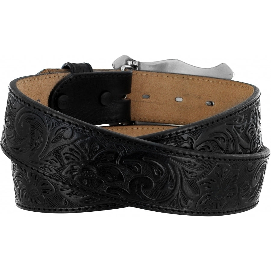 How the west was won isn't the question - it's how it's worn that matters. This tooled belt with iconic motifs and buckle leads the westward looks. Includes matching Leather buckle that can be changed with unsnapping. Belt is 1 1/2" wide in classic solid black with black stitching along edges of the belt. Made in USA by Brighton for Justin. Available at our Smyrna, TN shop. 