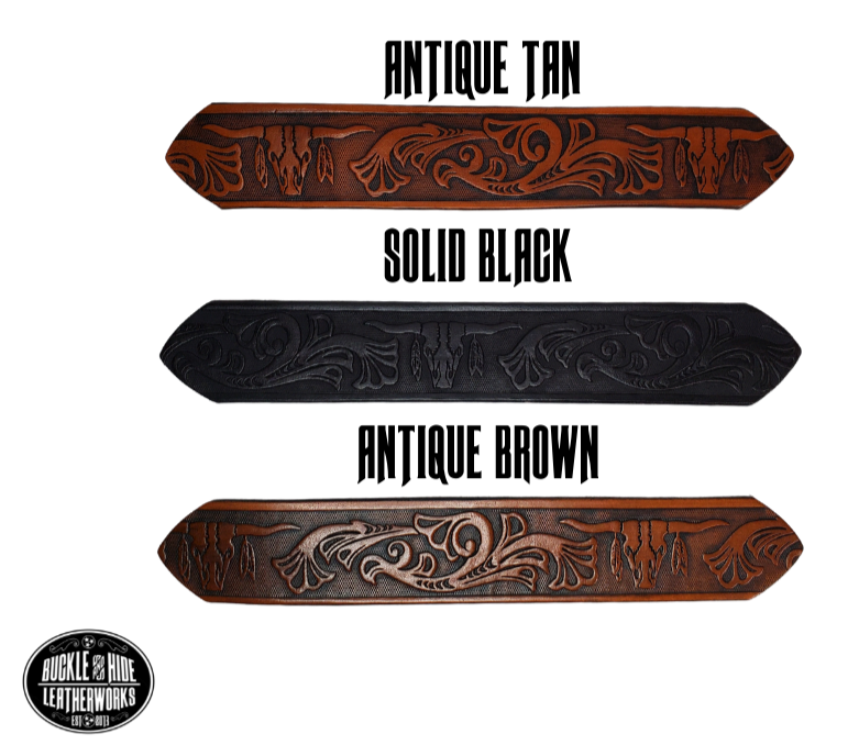"The Longhorn"is a handmade real leather belt made from a single strip of cowhide shoulder leather that is 8-9 oz. or approx. 1/8" thick. It has smoothed edges and the Western / Longhorn scroll pattern is embossed on the surface. The antique nickel plated solid brass buckle is snapped in place.  This belt is made just outside Nashville in Smyrna, TN. 