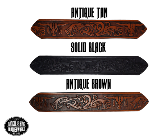 "The Longhorn"is a handmade real leather belt made from a single strip of cowhide shoulder leather that is 8-9 oz. or approx. 1/8" thick. It has smoothed edges and the Western / Longhorn scroll pattern is embossed on the surface. The antique nickel plated solid brass buckle is snapped in place.  This belt is made just outside Nashville in Smyrna, TN. 