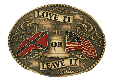 Antique Brass Belt Buckle with Love It or Leave It design Made in Mexico Fits Belts up to 1 3/4" wide Dimensions 3" x 4" Available online and in our retail shop in Smyrna, TN, just outside of Nashville