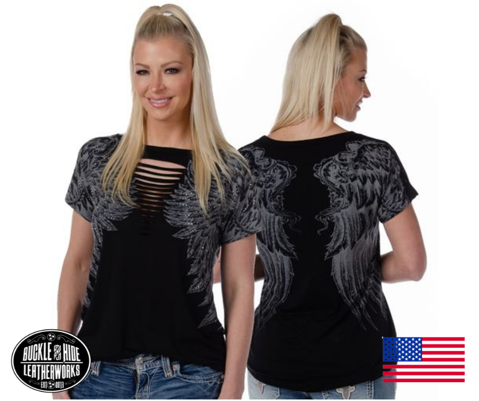 USA Made Ladies top! Dolman sleeve top with slits down center front bodice and an embellished wing graphic on the front and back across the shoulder seam. The super soft 95% Cotton, 5% Spandex , easy care Machine wash cold inside out. No bleach. Low heat or hang/lay flat to dry. 