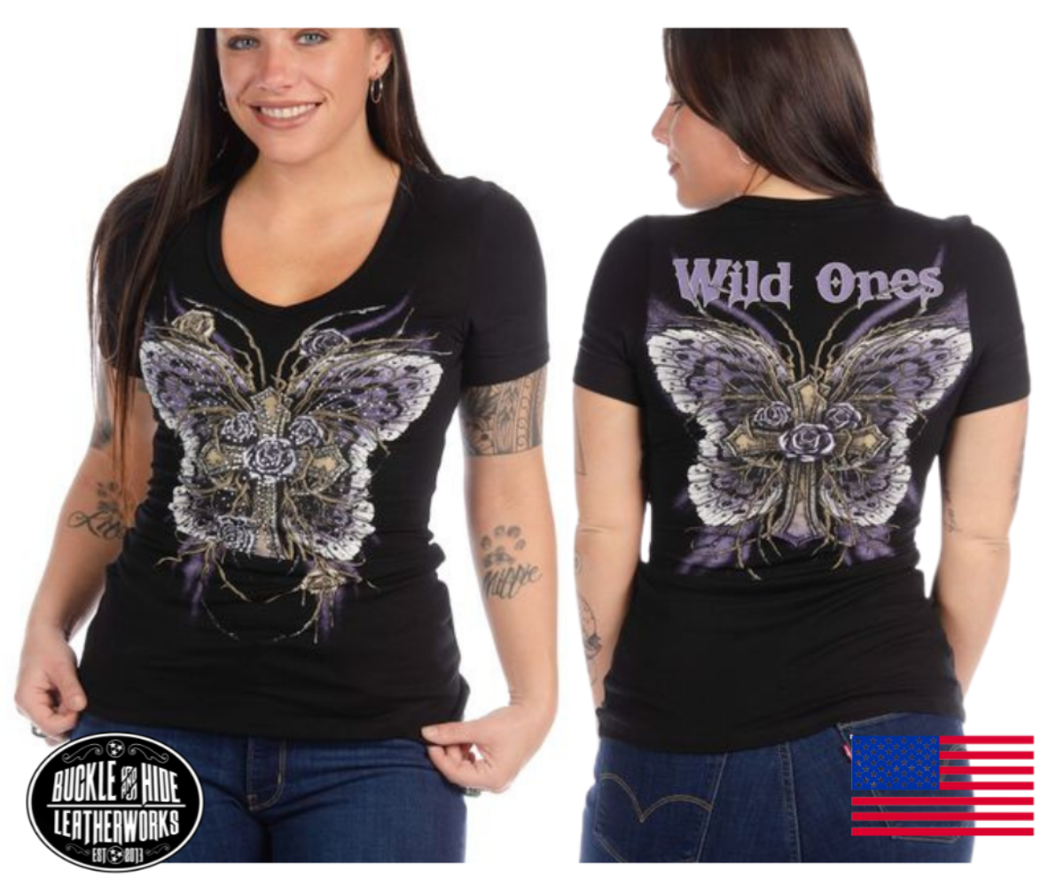 USA Made Ladies top! Wild Ones cross, gothic butterfly and roses front and back graphic v-neck tee with rhinestone embellishment.. The super soft 95% Cotton, 5% Spandex , easy care Machine wash cold inside out. No bleach. Low heat or hang/lay flat to dry. 