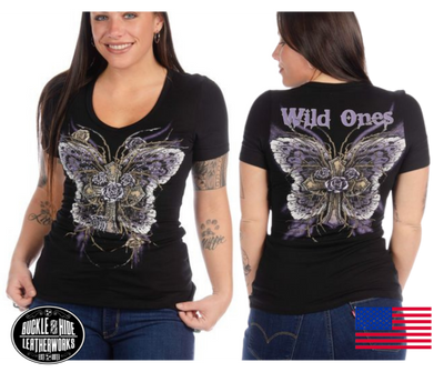 USA Made Ladies top! Wild Ones cross, gothic butterfly and roses front and back graphic v-neck tee with rhinestone embellishment.. The super soft 95% Cotton, 5% Spandex , easy care Machine wash cold inside out. No bleach. Low heat or hang/lay flat to dry. 