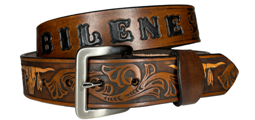 Longhorn Western leather name belt with embossed scroll pattern