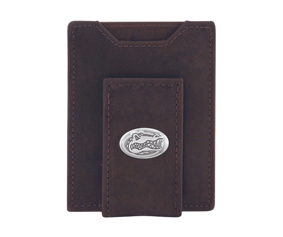 Brown distressed leather money clip Features a I.D. pocket, and 2 card slots and a Magnetic cash holder Compact minimalist design  See our College Team version of Bi-fold, Trifolds Imported Sold online or in our retail shop in Smyrna, TN, just outside of Nashville.