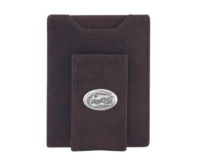 Brown distressed leather money clip Features a I.D. pocket, and 2 card slots and a Magnetic cash holder Compact minimalist design  See our College Team version of Bi-fold, Trifolds Imported Sold online or in our retail shop in Smyrna, TN, just outside of Nashville.