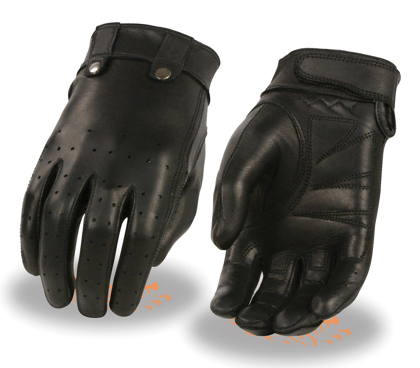 Ladies black leather riding gloves, gel padded palm, velcro closure. Available for purchase in our shop in Smyrna, TN, just outside Nashville. This style has perforated leather across fingers to help with ventilation.
