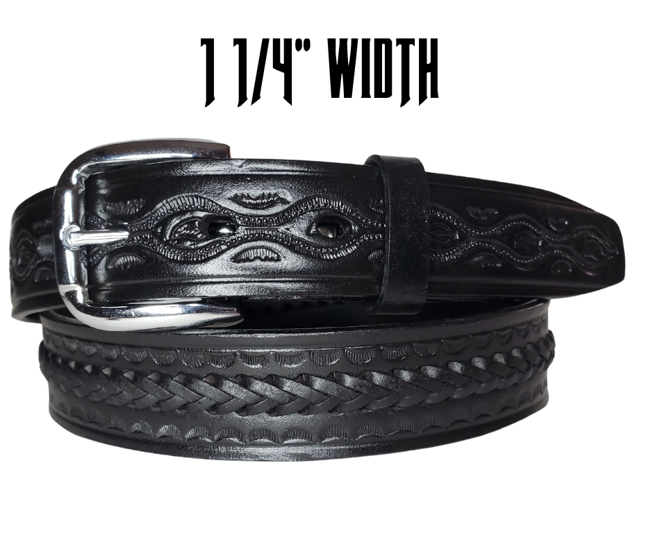 This leather belt is hand-laced in three rows, one in the middle and one on each side. Crafted from Veg-Tan leather of the same thickness, it is approved by Buckle and Hide. It features a 1 1/4" width and includes snaps for swapping the buckle if desired. Manufactured in Mexico, "The Modesto" Casual Leather Belt is available from our shop in Smyrna, TN and online. Name is not available on this belt.