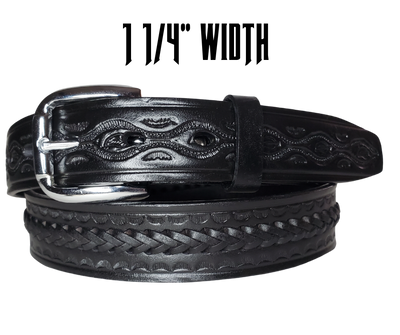 This leather belt is hand-laced in three rows, one in the middle and one on each side. Crafted from Veg-Tan leather of the same thickness, it is approved by Buckle and Hide. It features a 1 1/4" width and includes snaps for swapping the buckle if desired. Manufactured in Mexico, "The Modesto" Casual Leather Belt is available from our shop in Smyrna, TN and online. Name is not available on this belt.